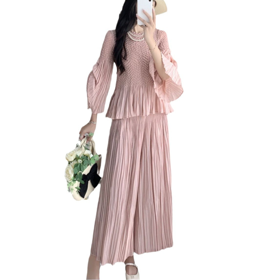 Miyake suit, women's fashion two-piece temperament, high-quality temperament, small man top, loose wide-leg pants suit IsseyMiyakePleats