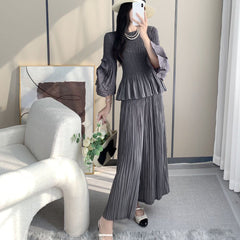 Miyake suit, women's fashion two-piece temperament, high-quality temperament, small man top, loose wide-leg pants suit IsseyMiyakePleats
