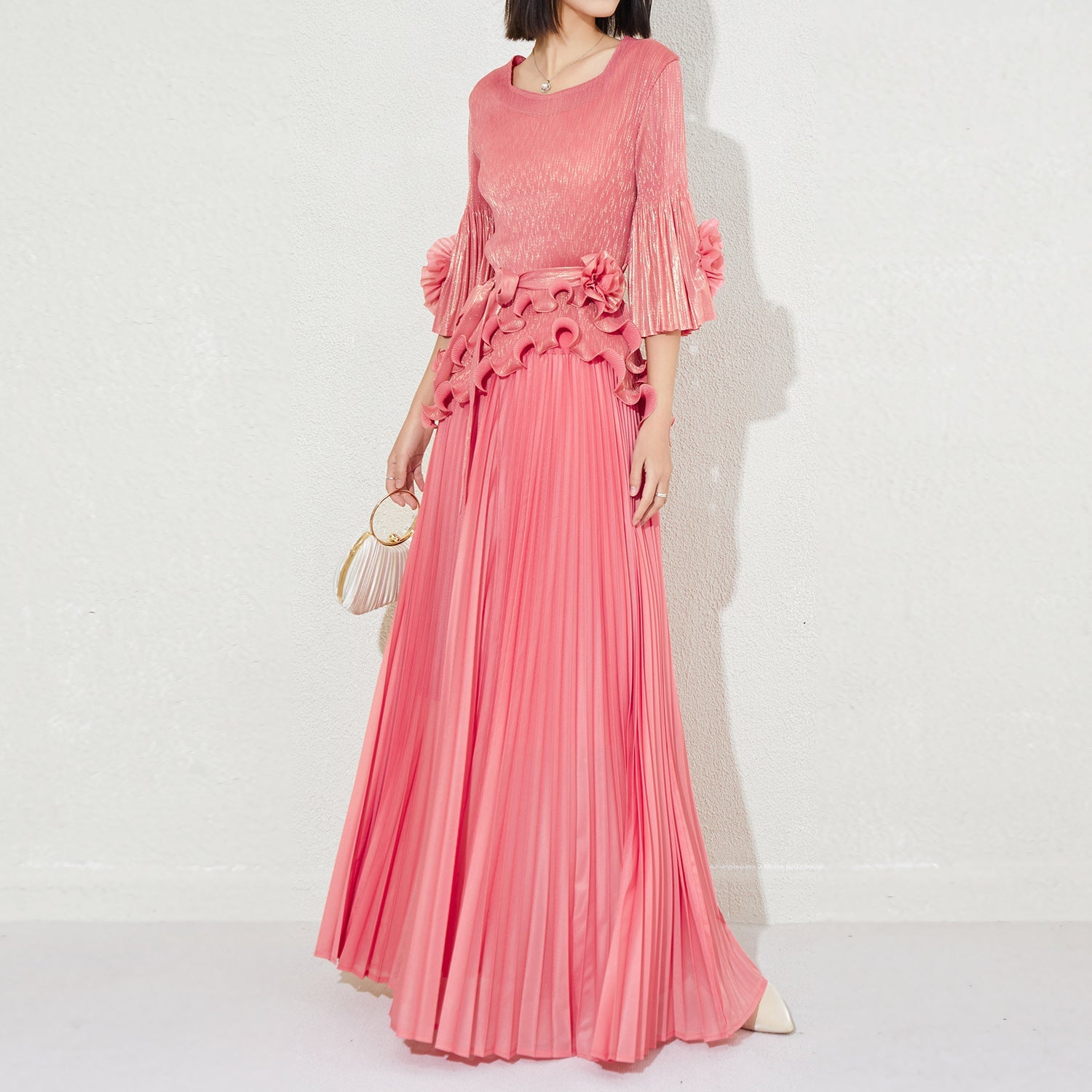 Miyake texture gilt luster top set new cross-border plus size pleated ruffles celebrity temperament dress skirt IsseyMiyakePleats
