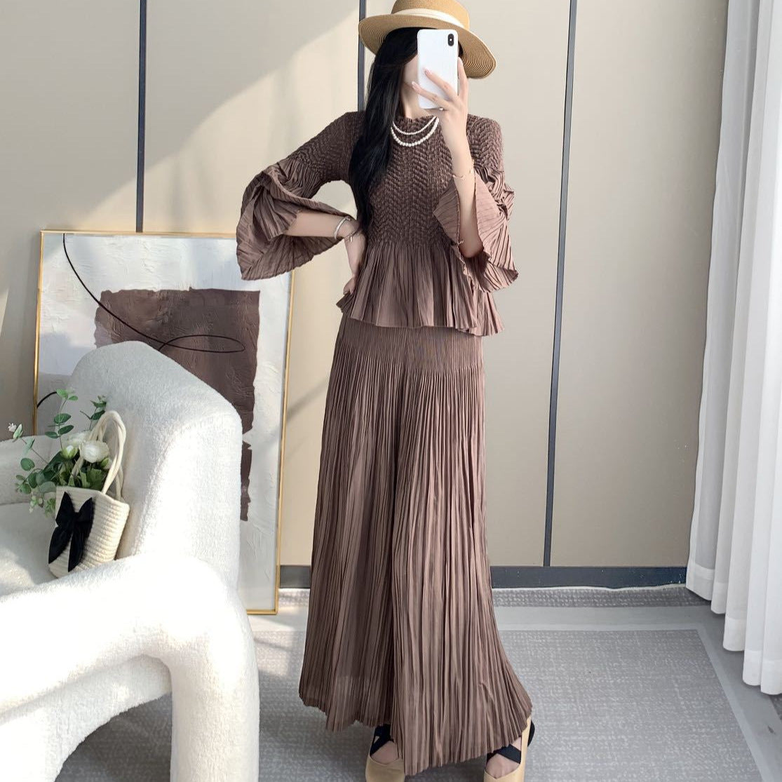 Miyake suit, women's fashion two-piece temperament, high-quality temperament, small man top, loose wide-leg pants suit IsseyMiyakePleats