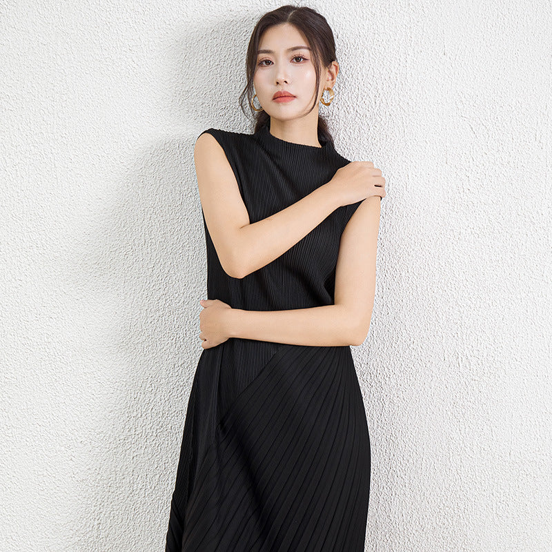 Niche design sense irregular pleated skirt dress women's cross-border new half-high neck fashion elegant dress skirt IsseyMiyakePleats
