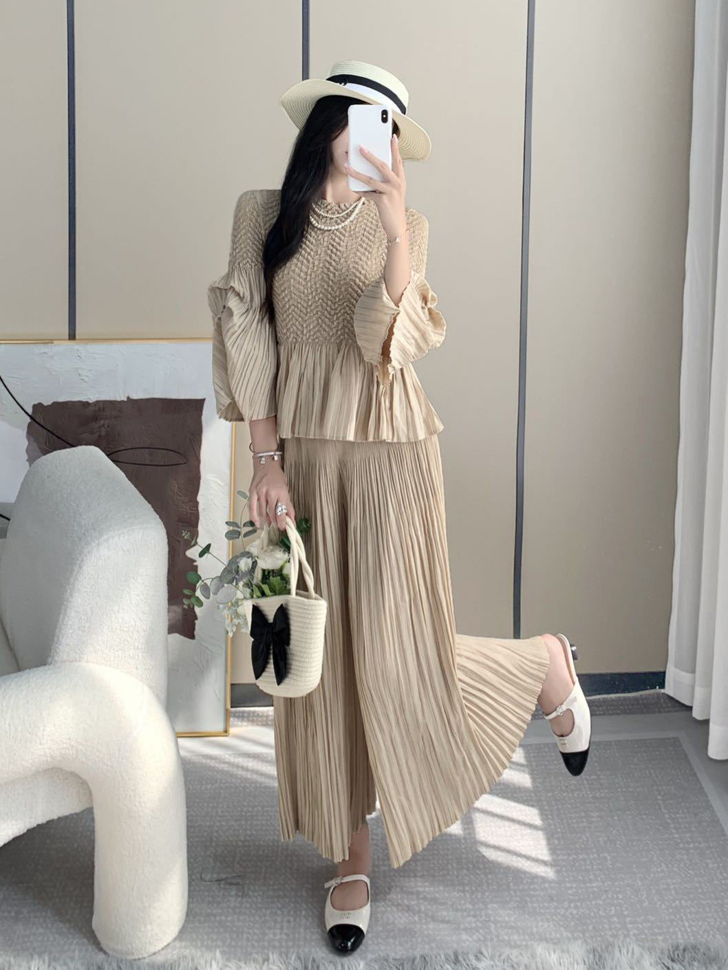 Miyake suit, women's fashion two-piece temperament, high-quality temperament, small man top, loose wide-leg pants suit IsseyMiyakePleats