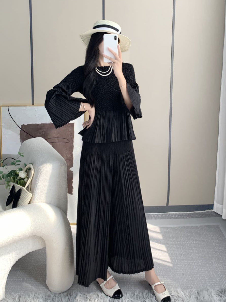 Miyake suit, women's fashion two-piece temperament, high-quality temperament, small man top, loose wide-leg pants suit IsseyMiyakePleats