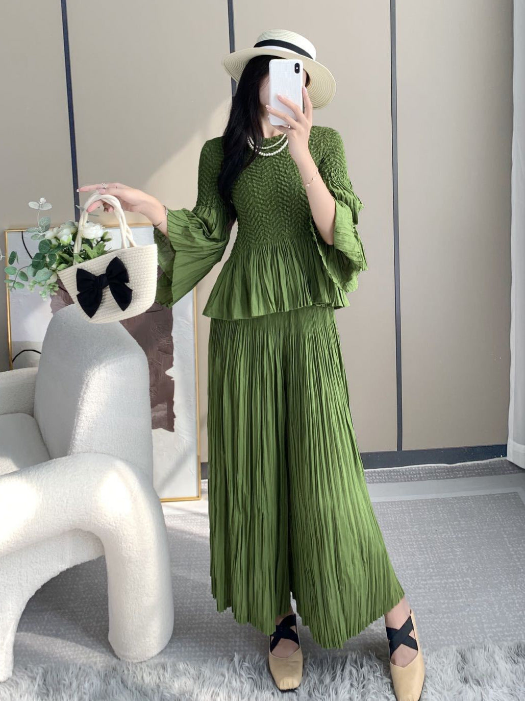 Miyake suit, women's fashion two-piece temperament, high-quality temperament, small man top, loose wide-leg pants suit IsseyMiyakePleats