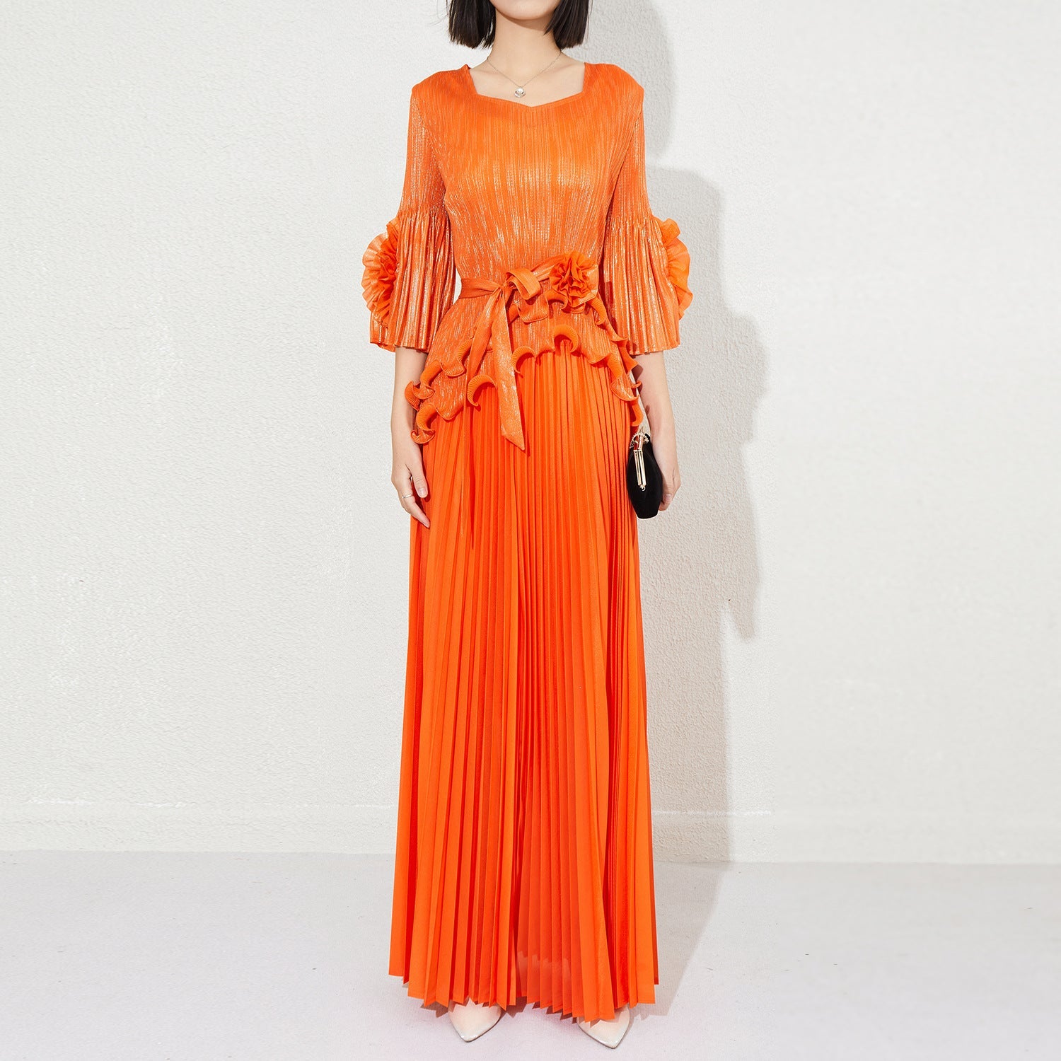 Miyake texture gilt luster top set new cross-border plus size pleated ruffles celebrity temperament dress skirt IsseyMiyakePleats