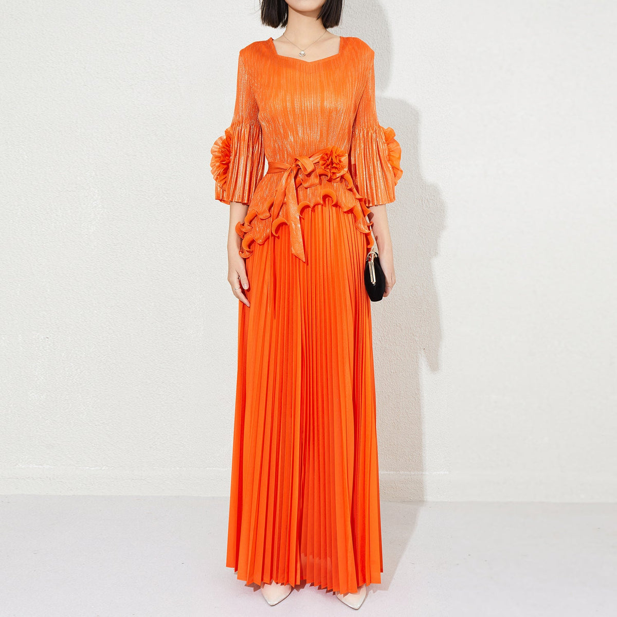 Miyake texture gilt luster top set new cross-border plus size pleated ruffles celebrity temperament dress skirt IsseyMiyakePleats