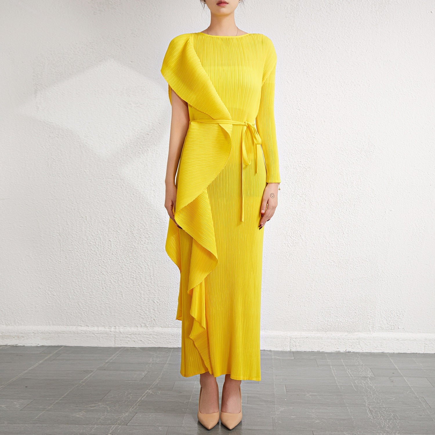 Cross-border fashion slim temperament long skirt dress skirt Miyake women's design sense irregular pleated waist dress IsseyMiyakePleats