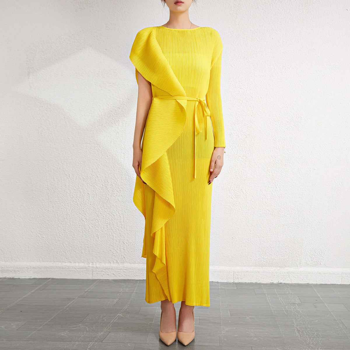 Cross-border fashion slim temperament long skirt dress skirt Miyake women's design sense irregular pleated waist dress IsseyMiyakePleats